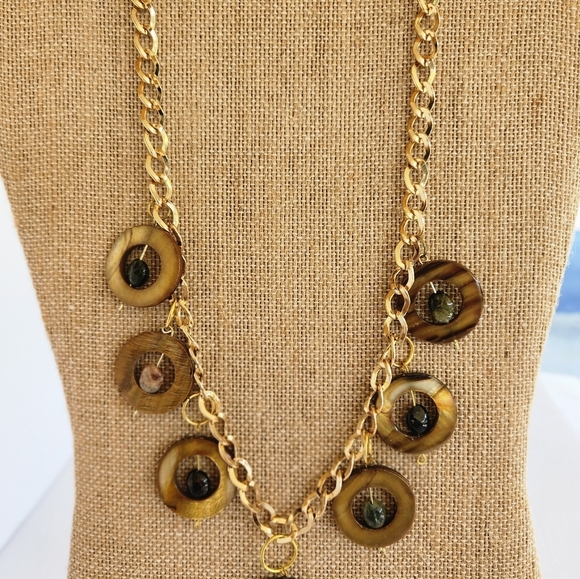 Hand Crafted Necklace Shells Stones Brown Green Chain Charm - Picture 2 of 7